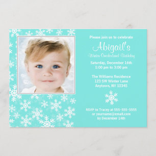 Snowflakes Winter Onederland Aqua Photo Birthday Invitation