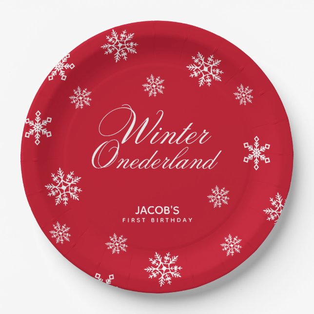 Snowflakes Winter onederland Boy First Birthday Paper Plate (Front)