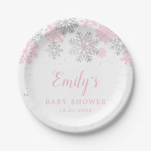Snowflakes Winter Pink And Silver Girl Baby Shower Paper Plate