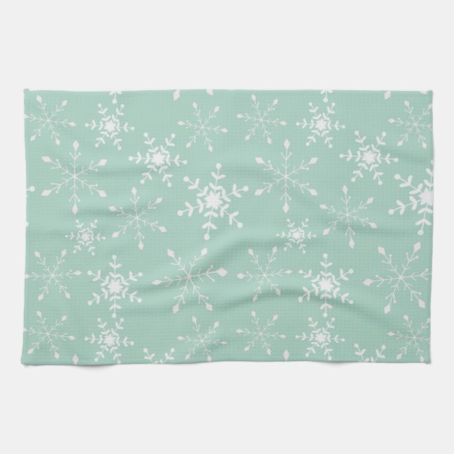 Snowflakes with a background of green Kitchen Towel (Horizontal)