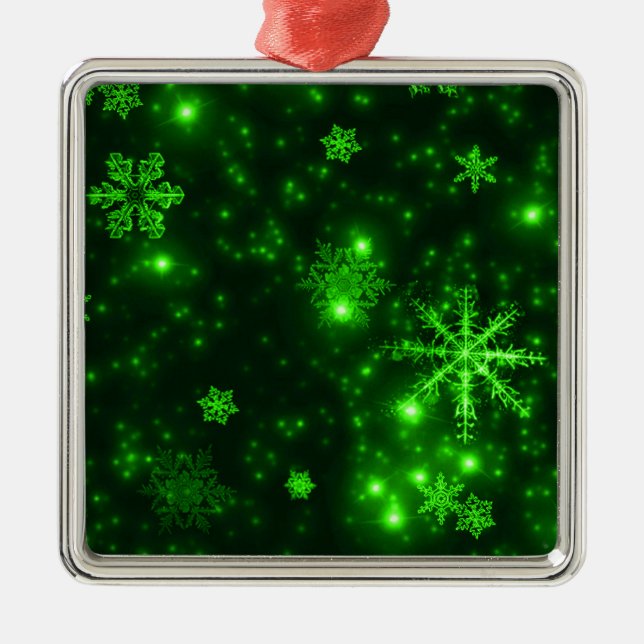 Snowflakes with Green Background Metal Ornament (Front)