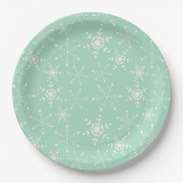 Snowflakes with light green background paper plate (Front)