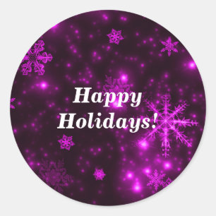 Snowflakes with Purple Background Round Stickers