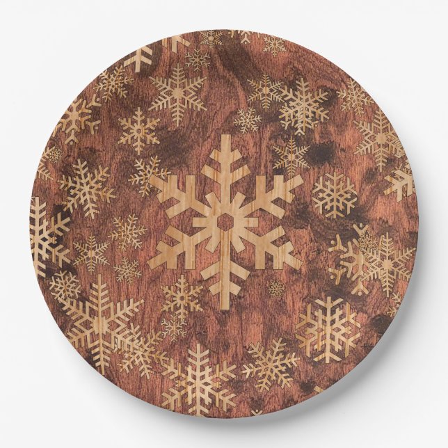 Snowflakes Wood Inlay Graphic Print Decor on a Paper Plate (Front)
