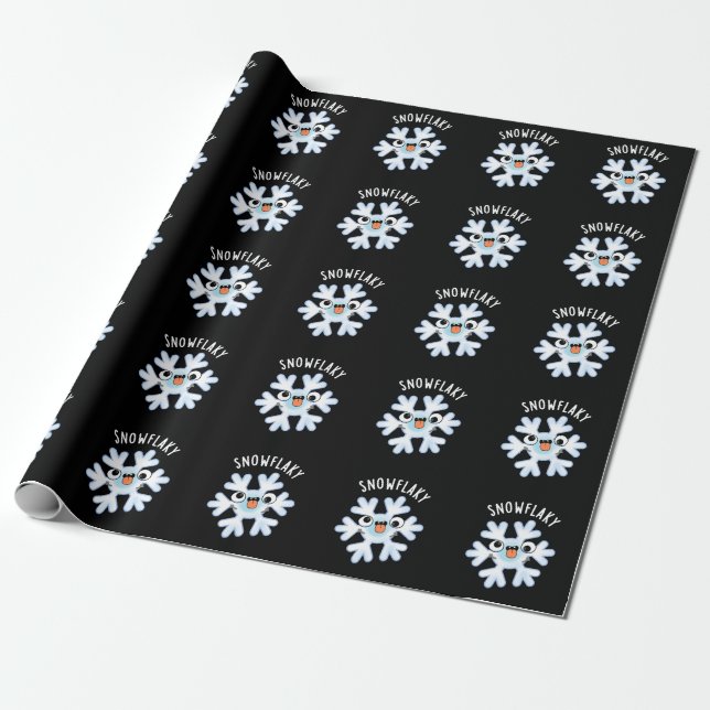 Snowflaky Funny Snow Flake Pun Dark BG Wrapping Paper (Unrolled)