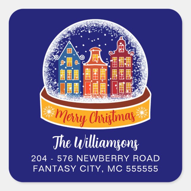 Snowglobe Christmas Village Return Address Square Sticker (Front)