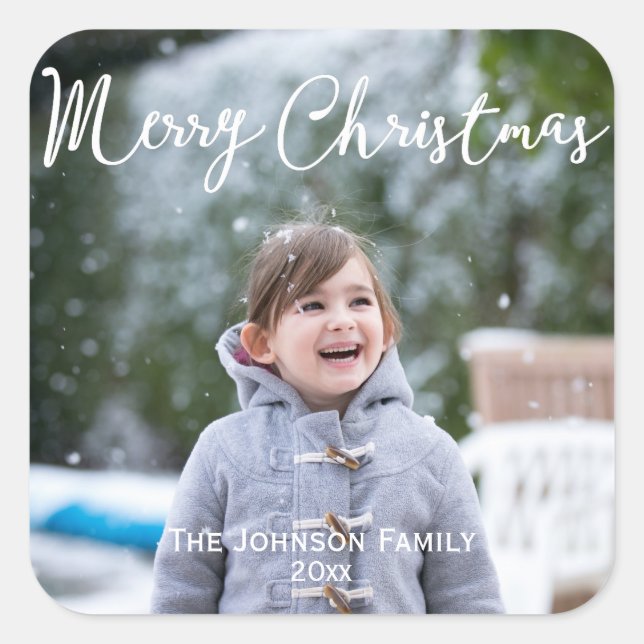 Snowing Photo Christmas Greetings Square Stickers (Front)
