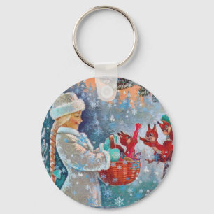 Snowing Winter Christmas Cute Girl with Squirrels Keychain