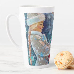 Snowing Winter Christmas Cute Girl with Squirrels Latte Mug