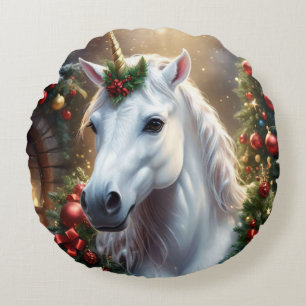 Snowlight: The Enchanted Christmas Unicorn Round Pillow