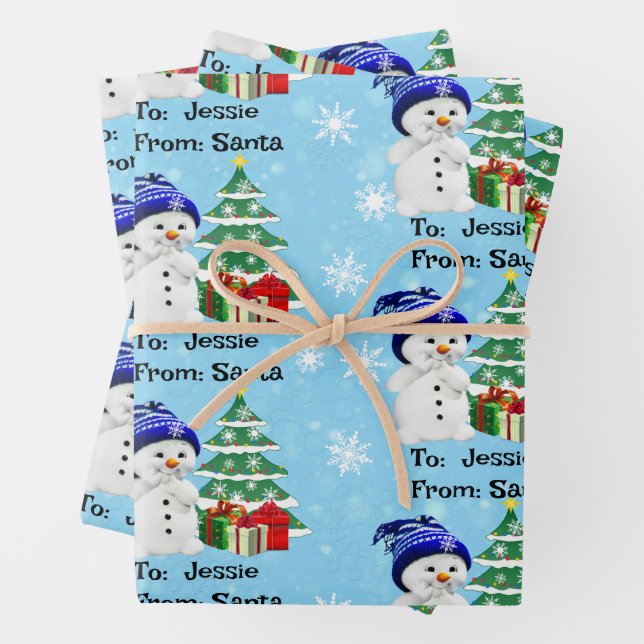 Snowman Add Child's Name 3 Christmas Wrapping Paper Sheet (In situ)