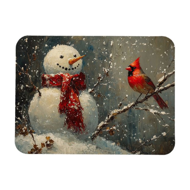 Snowman and a Cardinal Oil Painting Flexible Magnet (Horizontal)