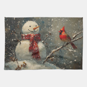 Snowman and a Cardinal Oil Painting Kitchen Towel