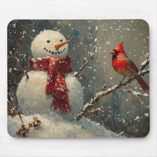 Snowman and a Cardinal Oil Painting Mouse Pad (Front)