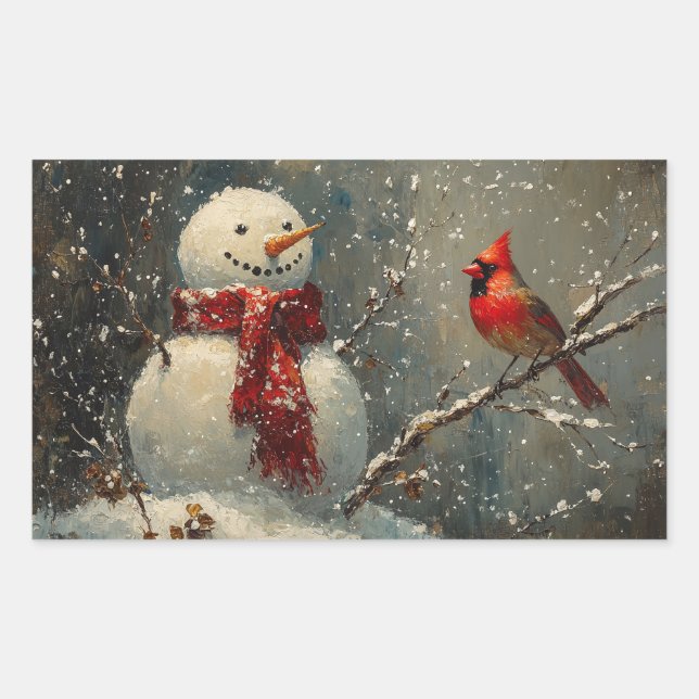 Snowman and a Cardinal Oil Painting Sticker (Front)