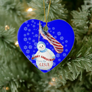 Snowman and American Flag Christmas Ornament
