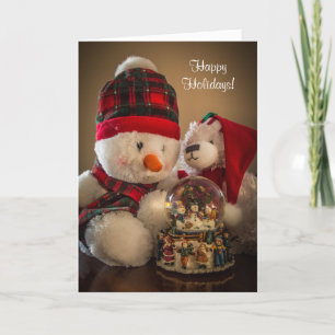 Snowman and Bear with Snowglobe Holiday Card