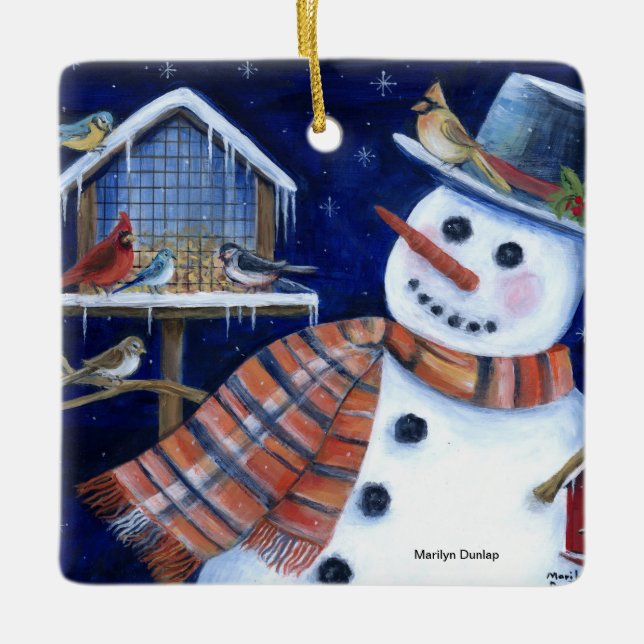 Snowman and Bird Feeder Ceramic Ornament (Front)