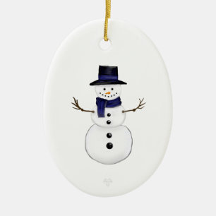 Snowman and Blue Snowflake Ceramic Oval Ornament