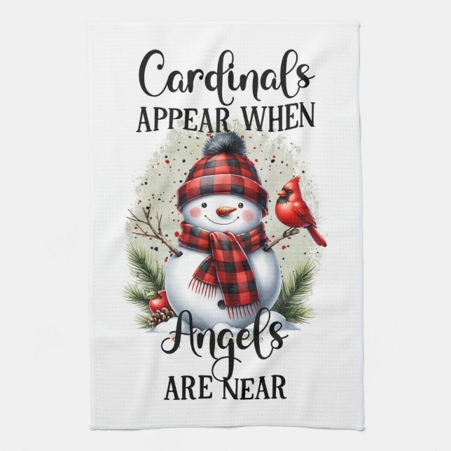 Snowman and Cardinal with Angel quote Kitchen Towel (Vertical)