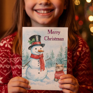Snowman  and Cat Merry Christmas Kids  Holiday Card