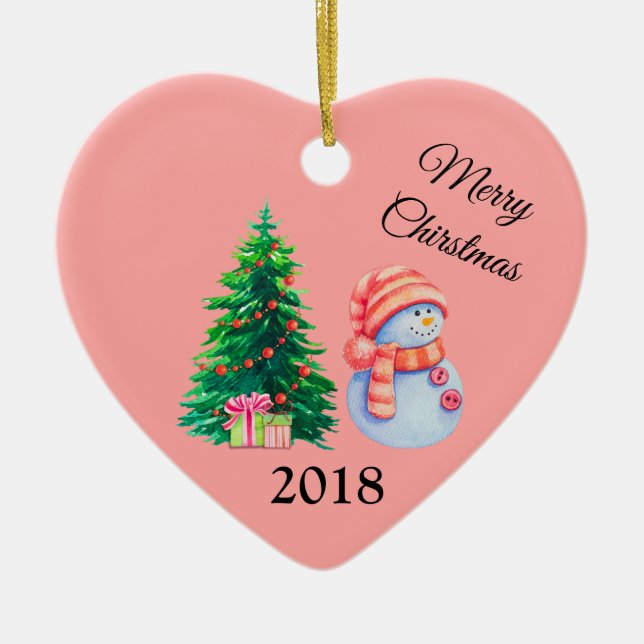 Snowman and Christmas Tree Ceramic Ornament (Front)