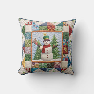 Snowman and Christmas Tree Quilt Print Throw Pillow