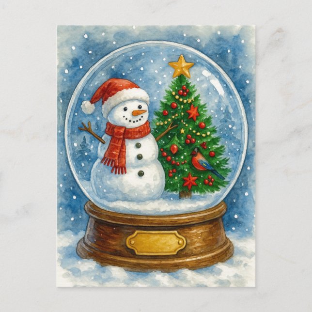 Snowman and Christmas Tree Snow Globe Postcard (Front)