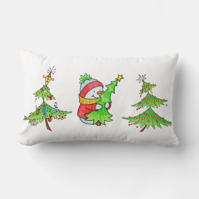 Snowman and Christmas Trees Christmas Pillow (Front)