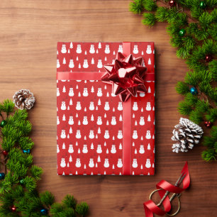 Snowman and Christmas Trees Red & White Wrapping Paper