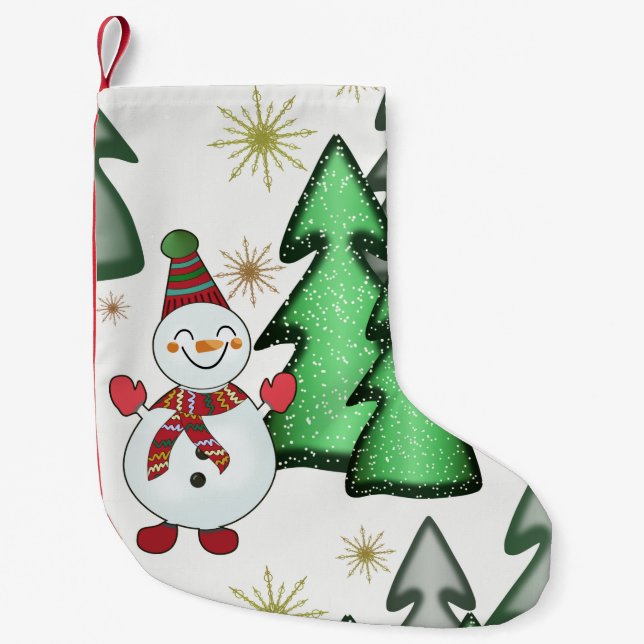 Snowman and Christmas trees. Small Christmas Stocking (Front)
