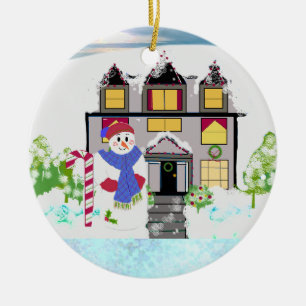 Snowman and Cozy House Ceramic Ornament