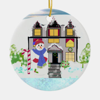 Snowman and Cozy House Ceramic Ornament