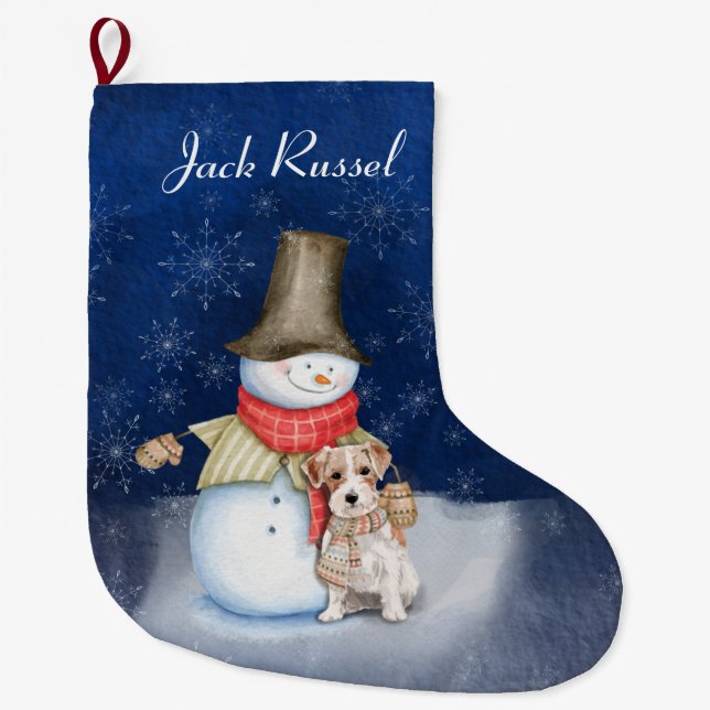 Snowman and dog- Jack Russell Terrier  Large Christmas Stocking (Front)