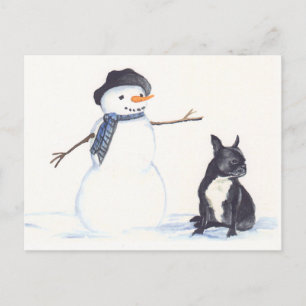 Snowman and French Bulldog Dog Art Postcard
