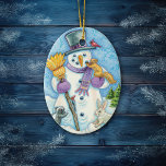 Snowman and Friends Retro Christmas Ceramic Ornament<br><div class="desc">This happy snowmen has several friends who have come to visit,  including a red cardinal bird,  a squirrel,  a bunny rabbit,  and even a skunk! A little bird perches on his broom. A pretty swirled sky background completes the unique retro holiday image on this Christmas ornament. Cute!</div>