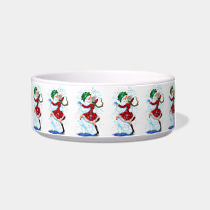 Snowman and Girl Dancers Funny Christmas Pet Bowl