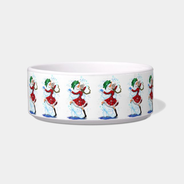 Snowman and Girl Dancers Funny Christmas Pet Bowl (Right)