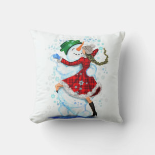 Snowman and Girl Dancers Funny Christmas Pillow