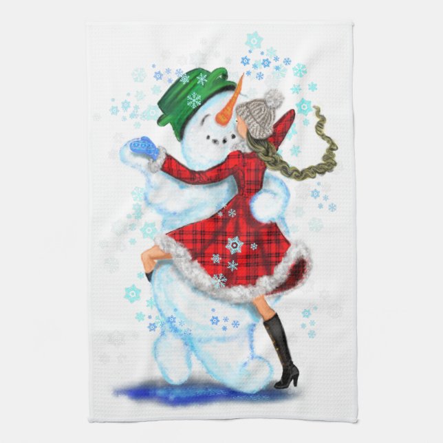 Snowman and Girl Dancers Serviette de cuisine (Vertical)