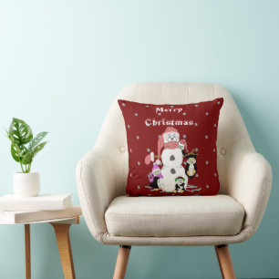 Snowman and Penguin Christmas Throw Pillow