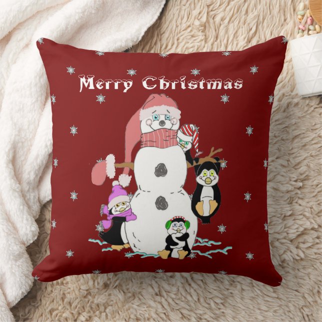 Snowman and Penguin Christmas Throw Pillow (Blanket)