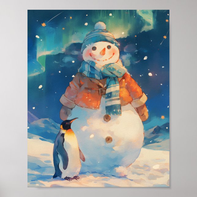 Snowman and Penguin Northern Lights Winter Nursery Poster (Front)