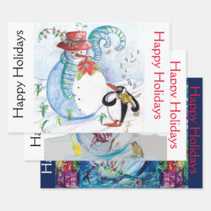SNOWMAN AND PENGUIN'S SERENADE Christmas Wrapping Paper Sheet