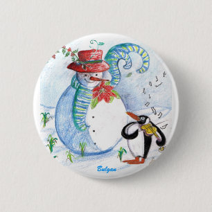 SNOWMAN AND PENGUIN'S WINTER SERENADE 2 INCH ROUND BUTTON