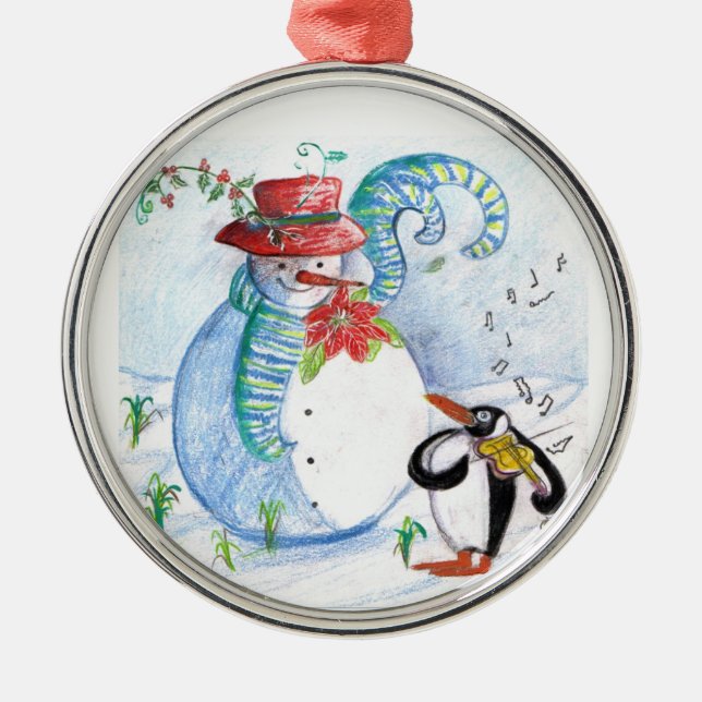 SNOWMAN AND PENGUIN'S WINTER SERENADE METAL ORNAMENT (Front)