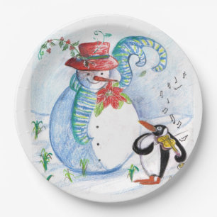 SNOWMAN AND PENGUIN'S WINTER SERENADE  PAPER PLATE