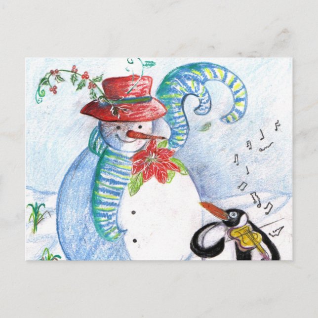 SNOWMAN AND PENGUIN'S WINTER SERENADE POSTCARD (Front)
