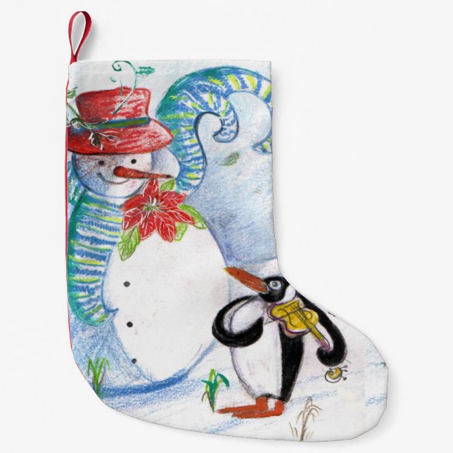 SNOWMAN AND PENGUIN'S WINTER SERENADE SMALL CHRISTMAS STOCKING (Front)