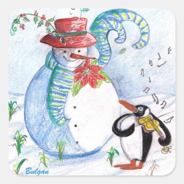 SNOWMAN AND PENGUIN'S WINTER SERENADE SQUARE STICKER (Front)